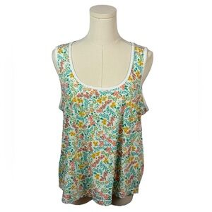 J Crew 100% Cotton White Tank w/ Green, Yellow, & Orange Floral Pattern (Size L)